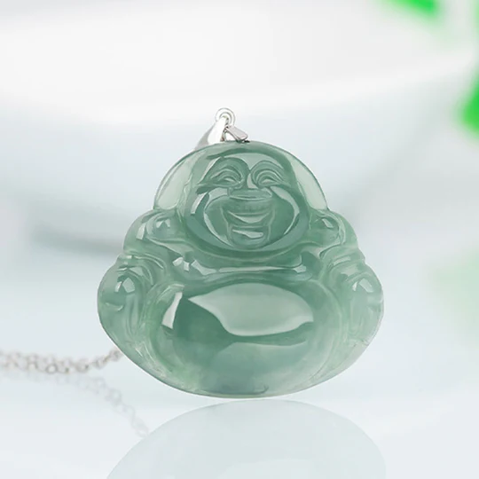 Bodhi Stones 925 Sterling Silver Laughing Buddha Jade Protection Calm Necklace Chain Pendant