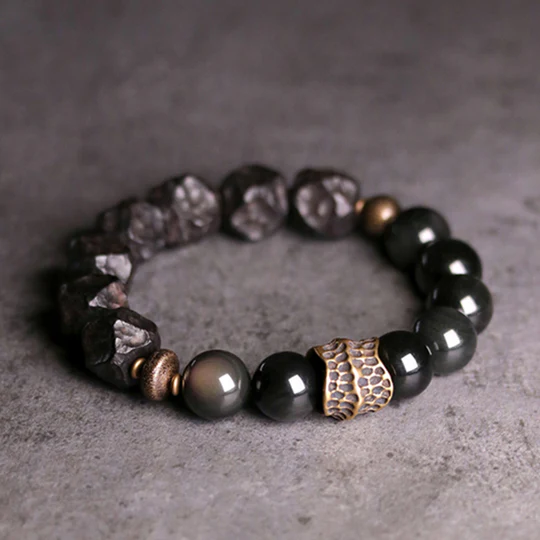 Bodhi Stones Black Obsidian Ebony Wood Copper Strength Couple Bracelet