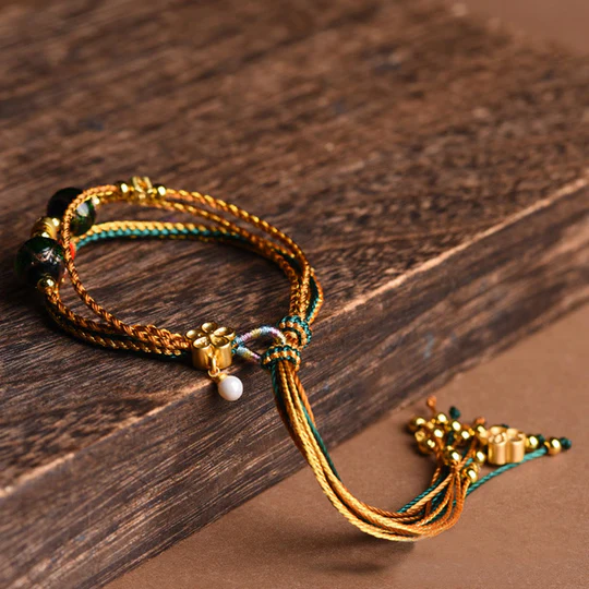 Bodhi Stones Tibetan Handmade Rope Liuli Glass Bead Braided Multilayered Healing Bracelet