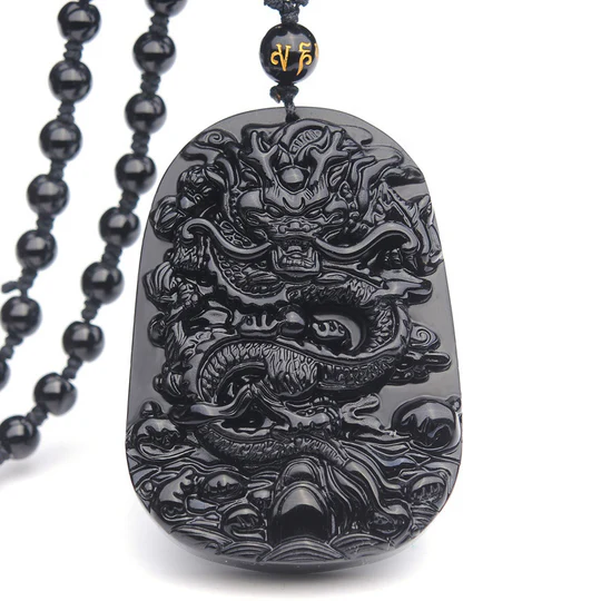 Bodhi Stones Black Obsidian Stone Dragon Fulfilment Pendant Necklace