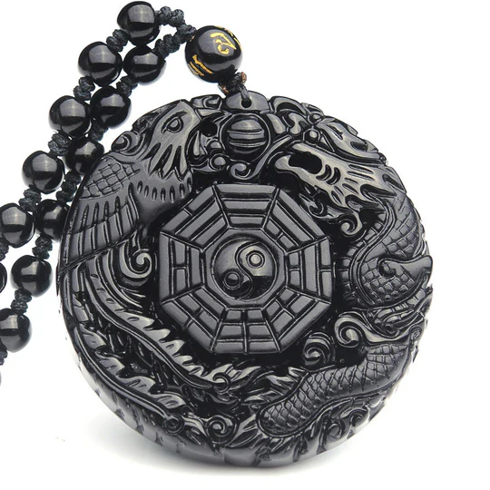 Bodhi Stones Bagua Dragon Phoenix Obsidian Fulfilment Pendant Necklace