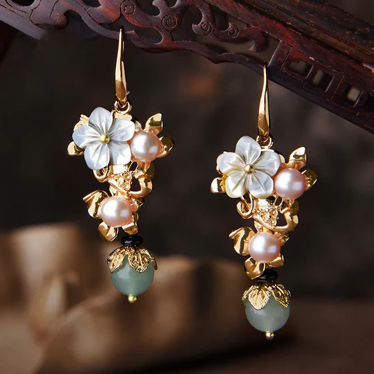 Bodhi Stones 14K Gold Plated Tridacna Stone Flower Pearl Green Aventurine Bead Drop Earrings