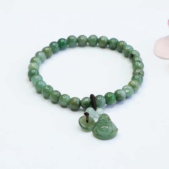 Bodhi Stones Laughing Buddha Cyan Jade Healing Bracelet