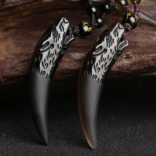 Bodhi Stones Natural Ice Obsidian Wolf Tooth Pattern Courage Necklace Pendant