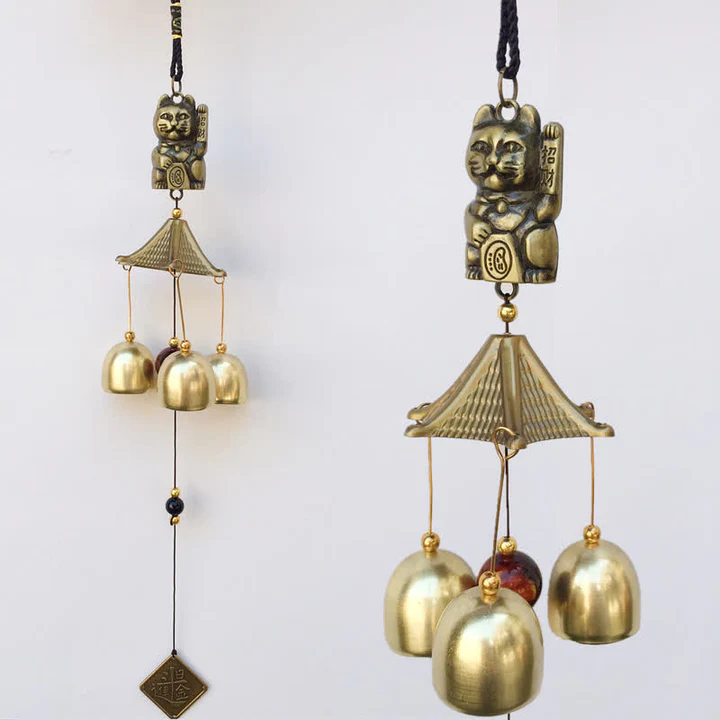 Bodhi Stones Auspicious Wealth Cat Wall Hanging Chime Bell Copper Luck Handmade Home Decoration