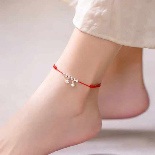 Bodhi Stones 925 Sterling Silver Red String Braid Bell Charm Anklet