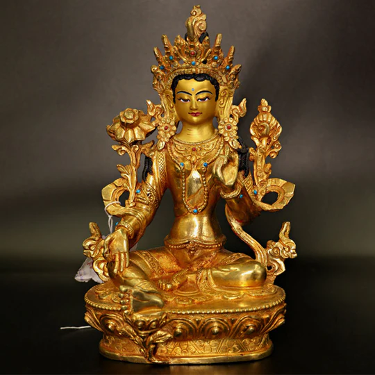 Bodhi Stones Bodhisattva Tara Chenrezig Four-armed Avalokitesvara Protection Copper Gold Plated Statue Decoration