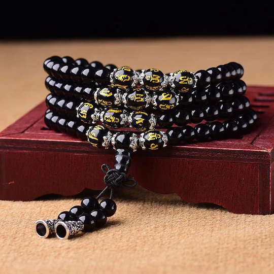 Bodhi Stones Black Obsidian Six True Words Protection Mala Bracelet