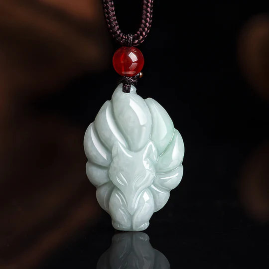 Bodhi Stones Natural Jade Nine Tailed Fox Luck Prosperity Necklace Pendant