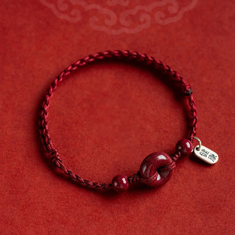 Bodhi Stones Handmade Cinnabar Peace Buckle Safe and Healthy Charm Blessing String Bracelet Anklet