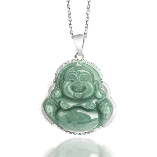 Bodhi Stones 925 Sterling Silver Laughing Buddha Jade Abundance Necklace Chain Pendant