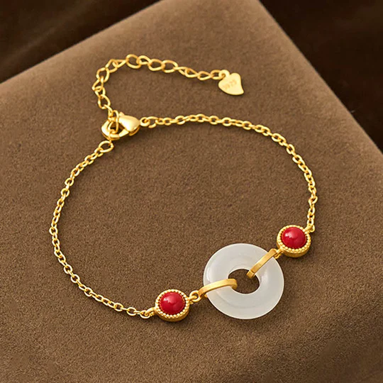 Bodhi Stones Blessing and Protection Peace Buckle Hetian White Jade Copper Plated Gold Bracelet