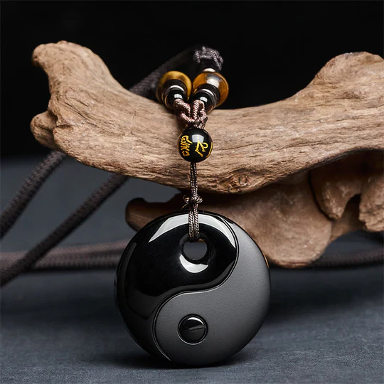Bodhi Stones Yin Yang Symbol Om Mani Padme Hum Black Obsidian Strength Necklace Pendant