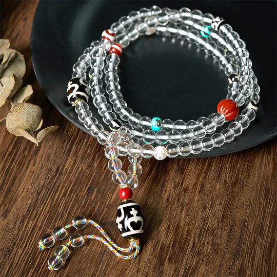 Bodhi Stones Protection and Blessings 108 Beads Liuli Crystal Dzi Bead Agate Tassel Mala