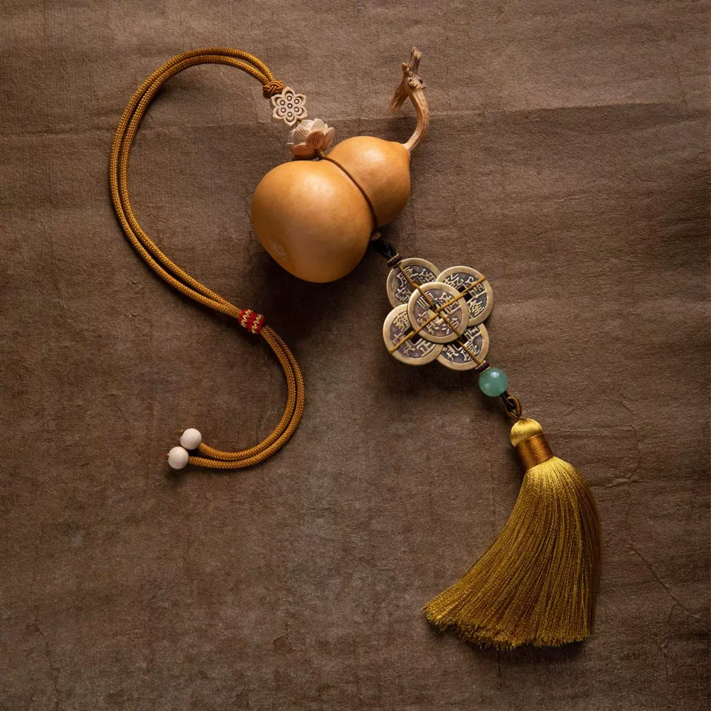 Bodhi Stones Wealth-Attracting Vitality Car Charm - Ginseng Angelica Gourd & Five Emperor Coins